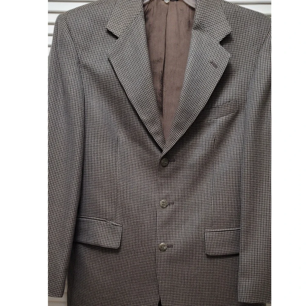 Vintage John Henry Mens 38R Blazer Brown Blue Houndstooth 3 Button Sport Coat